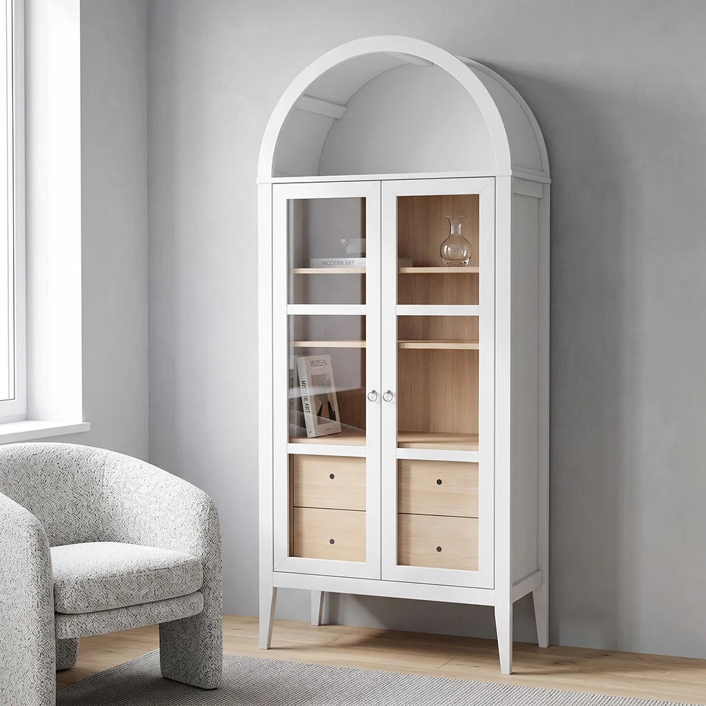FF-CBN90190A-1-FT Modern White Arched Display Cabinet with Glass Doors & Storage Drawers