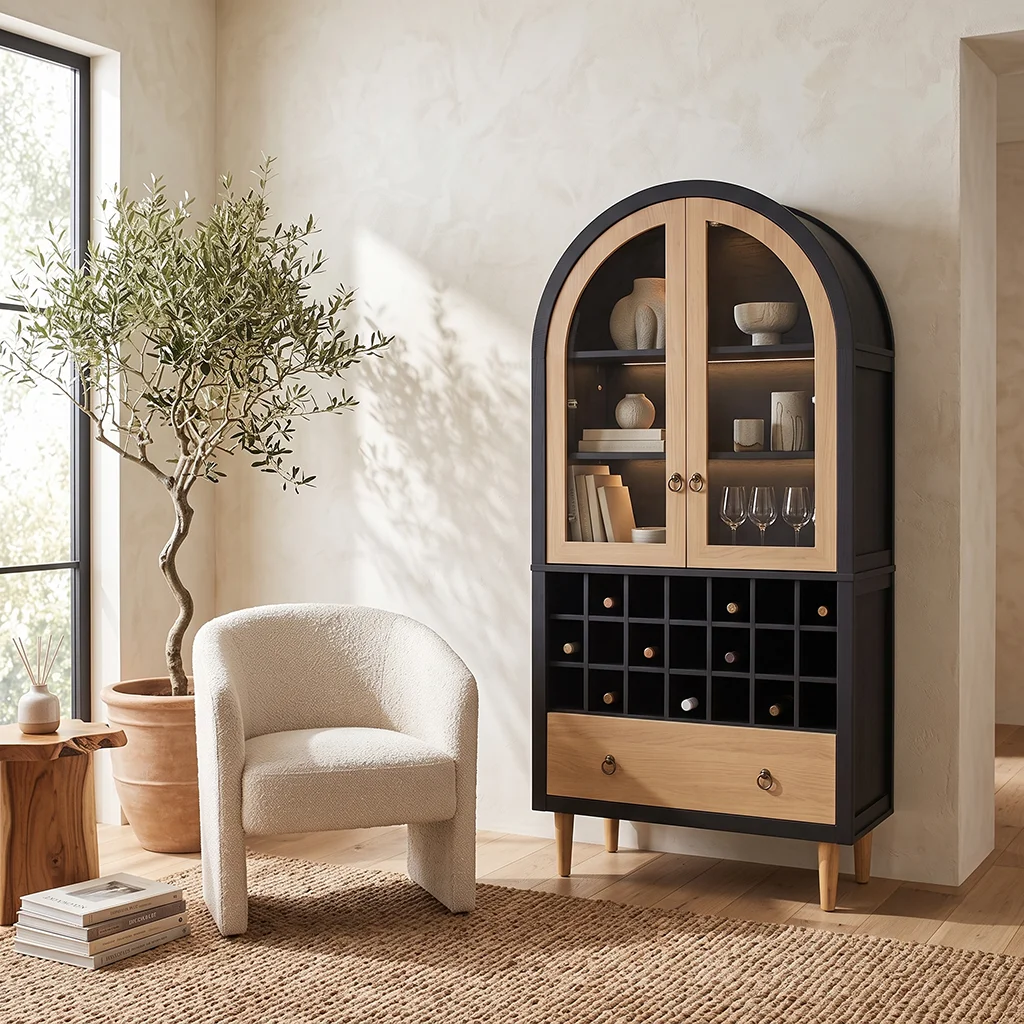 FF-CBN90190A-2-FT Modern Two-Tone Arched Cabinet with Oak Glass Doors, Cubby Grid & Drawer