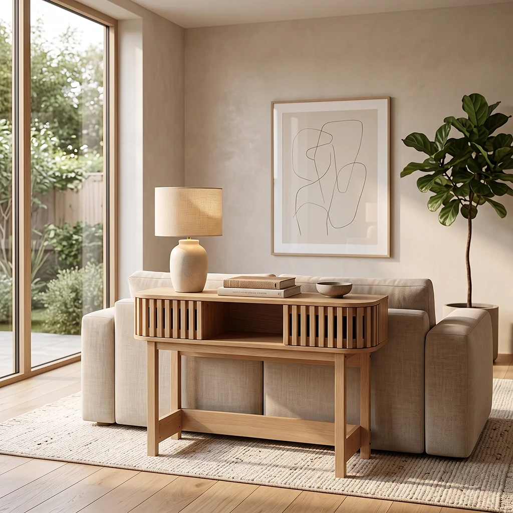 FF-KL60454-FT Contemporary Curved Slat Design Console Table in Natural Oak