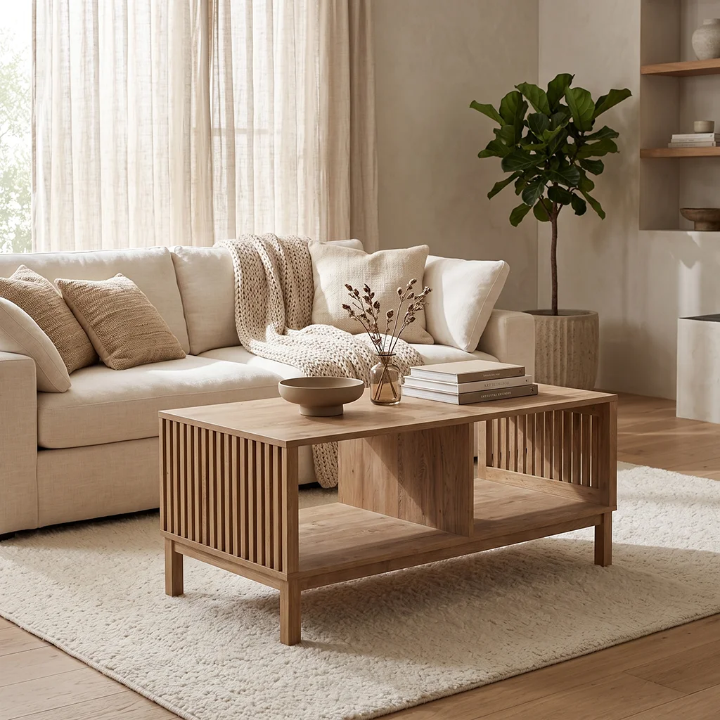 FF-KL60475-FT Modern Organic Coffee Table with Slat Detail and Open Storage in Natural Oak