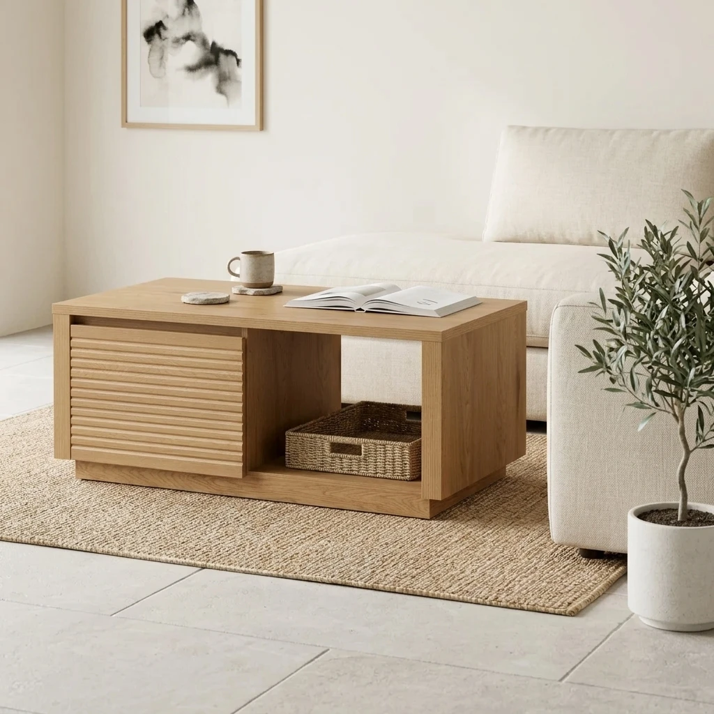 FF-KL60630-FT Modern Slat Oak Coffee Table with Drawer and Open Storage