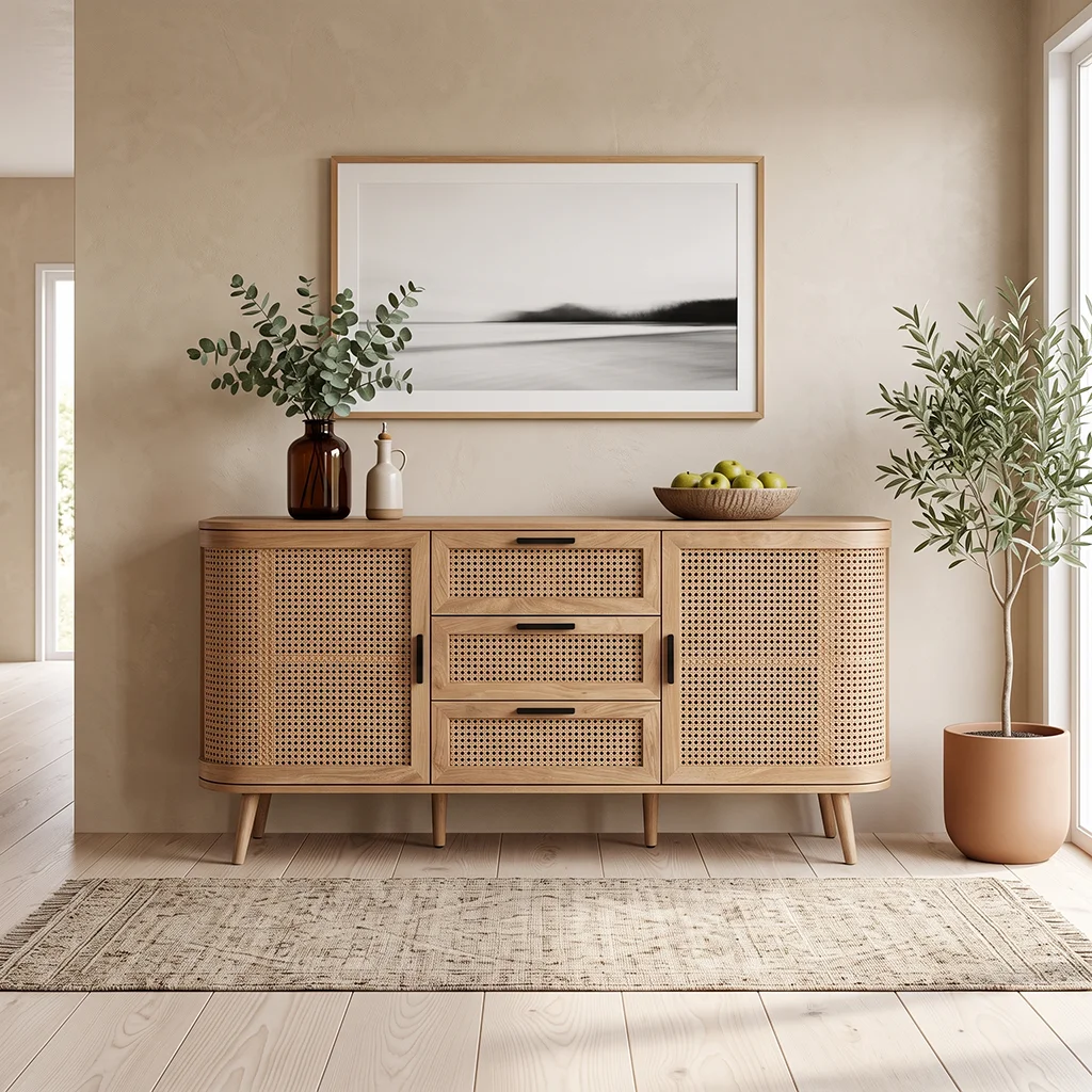 FF-MC50674-FT Modern Curved Rattan 59-Inch Oak Sideboard with Drawers and Storage