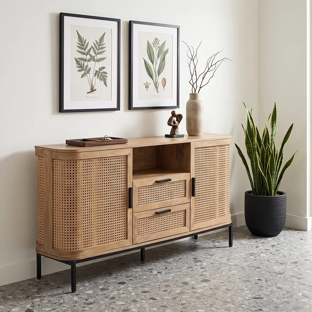 FF-MC50684-FT Modern Curved Rattan 59-Inch Oak Sideboard with Drawers and Open Storage