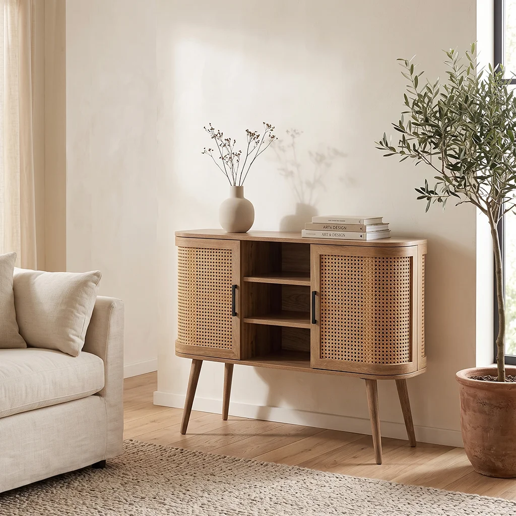FF-MC50685-FT Modern Curved Rattan 39-Inch Oak Sideboard with Open Storage