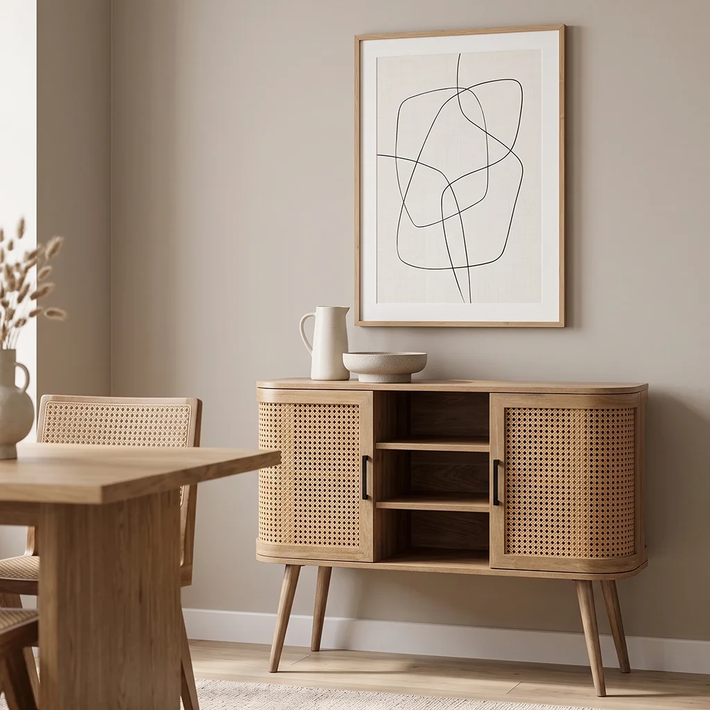 FF-MC50685-FT Modern Curved Rattan 39-Inch Oak Sideboard with Open Storage