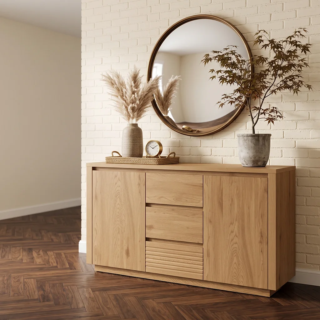 FF-MC51032-FT Modern Slat 55-Inch Oak Sideboard with Drawers and Storage Cabinet