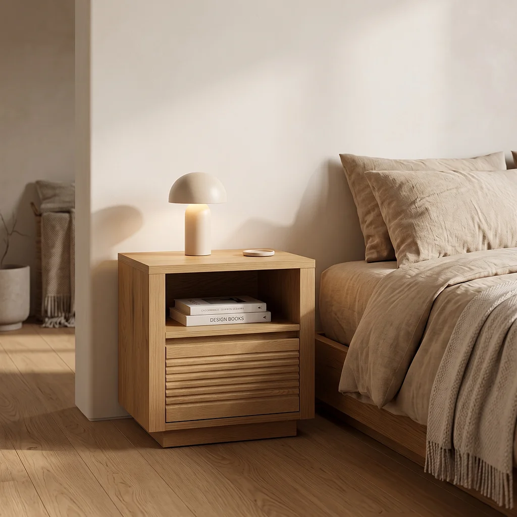 FF-MC51033-FT Modern Slat 20-Inch Nightstand with Drawer and Open Shelf