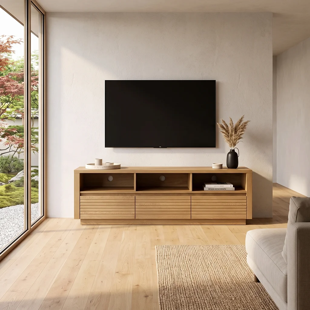 FF-TV40480-FT Modern Slat 63-Inch Oak TV Stand with Drawers and Open Storage