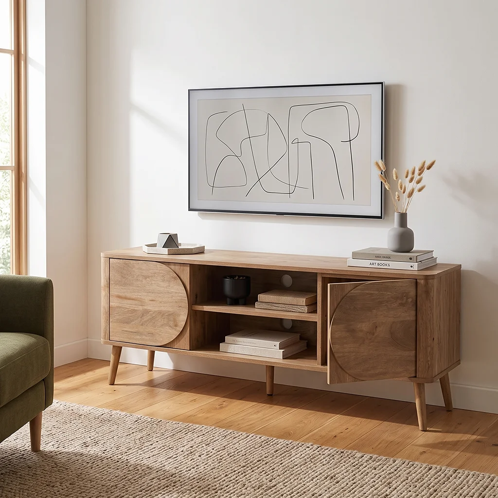 FF-TV40483-FT Modern 60-Inch Oak TV Stand with Curved Door Detail
