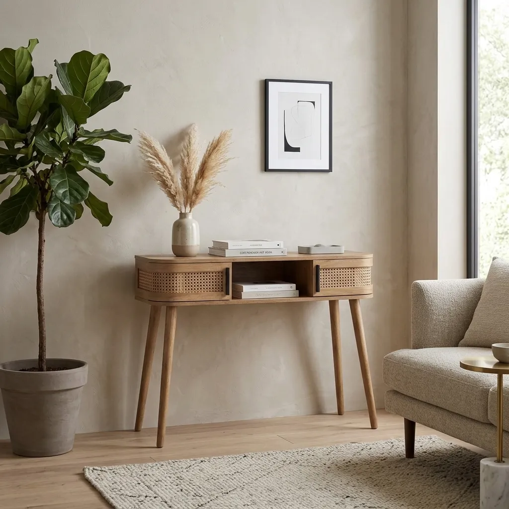 FF-KL60423-FT Contemporary Console Table with Rattan Doors in Natural Oak