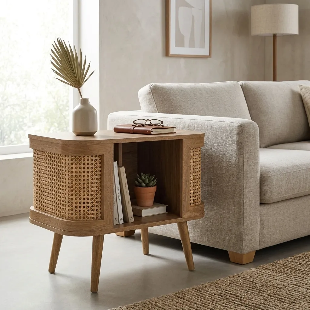 FF-KL60424-FT Contemporary Side Table with Rattan Door in Natural Oak