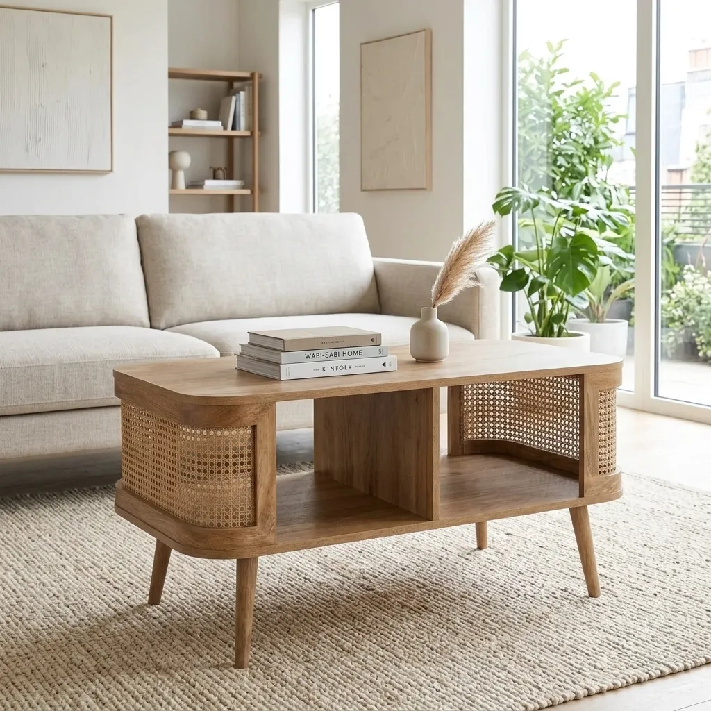 FF-KL60425-FT Contemporary Coffee Table with Rattan Storage Doors in Natural Oak
