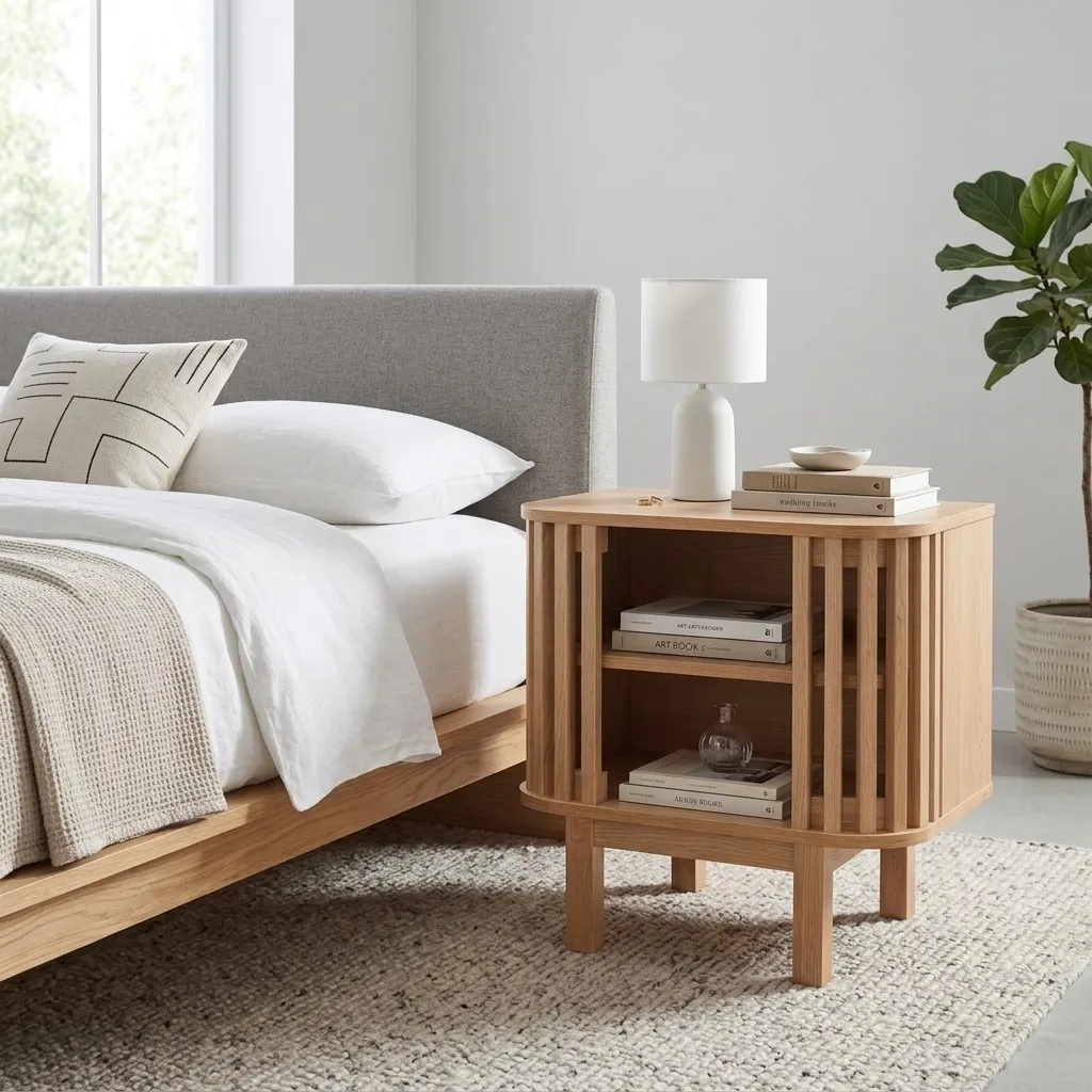 FF-KL60452-FT Contemporary Curved Slat Design Night Stand in Natural Oak