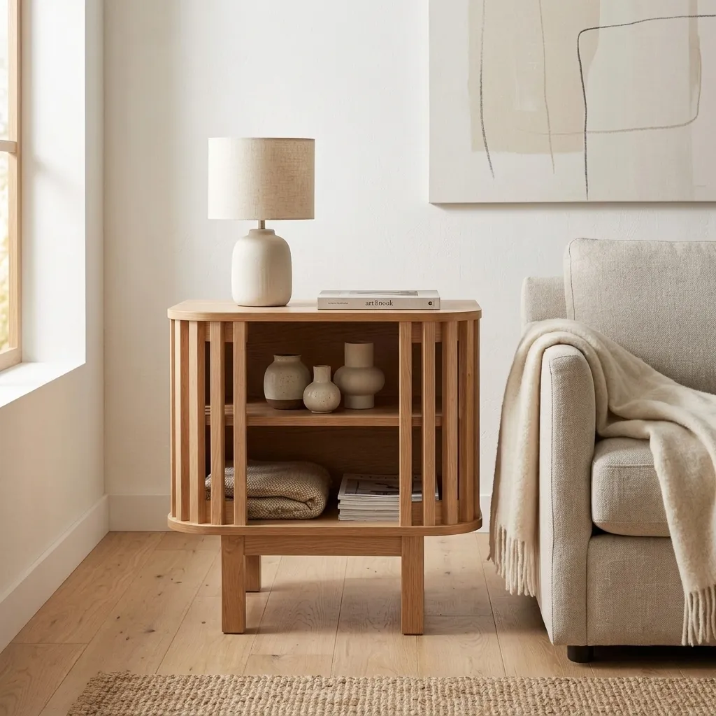 FF-KL60452-FT Contemporary Curved Slat Design Night Stand in Natural Oak