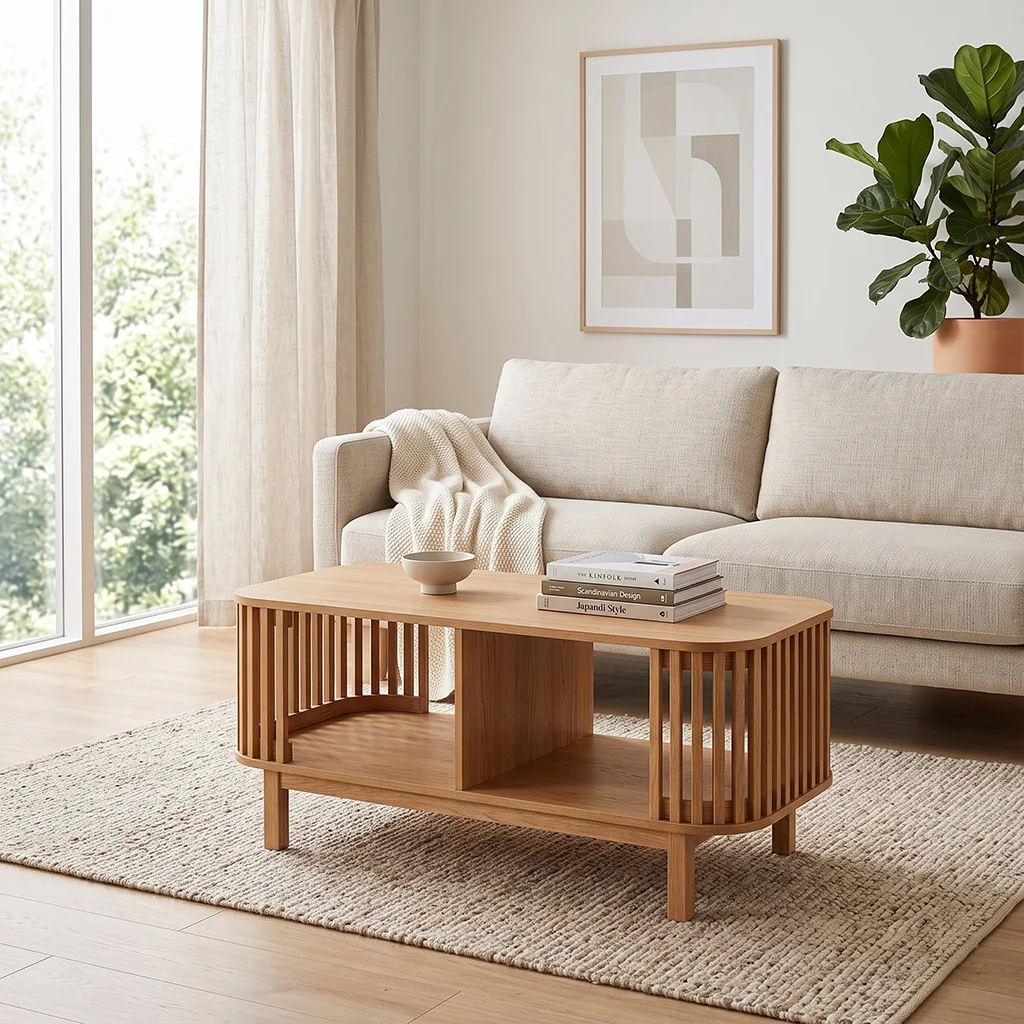 FF-KL60453-FT Contemporary Curved Slat Design Coffee Table in Natural Oak