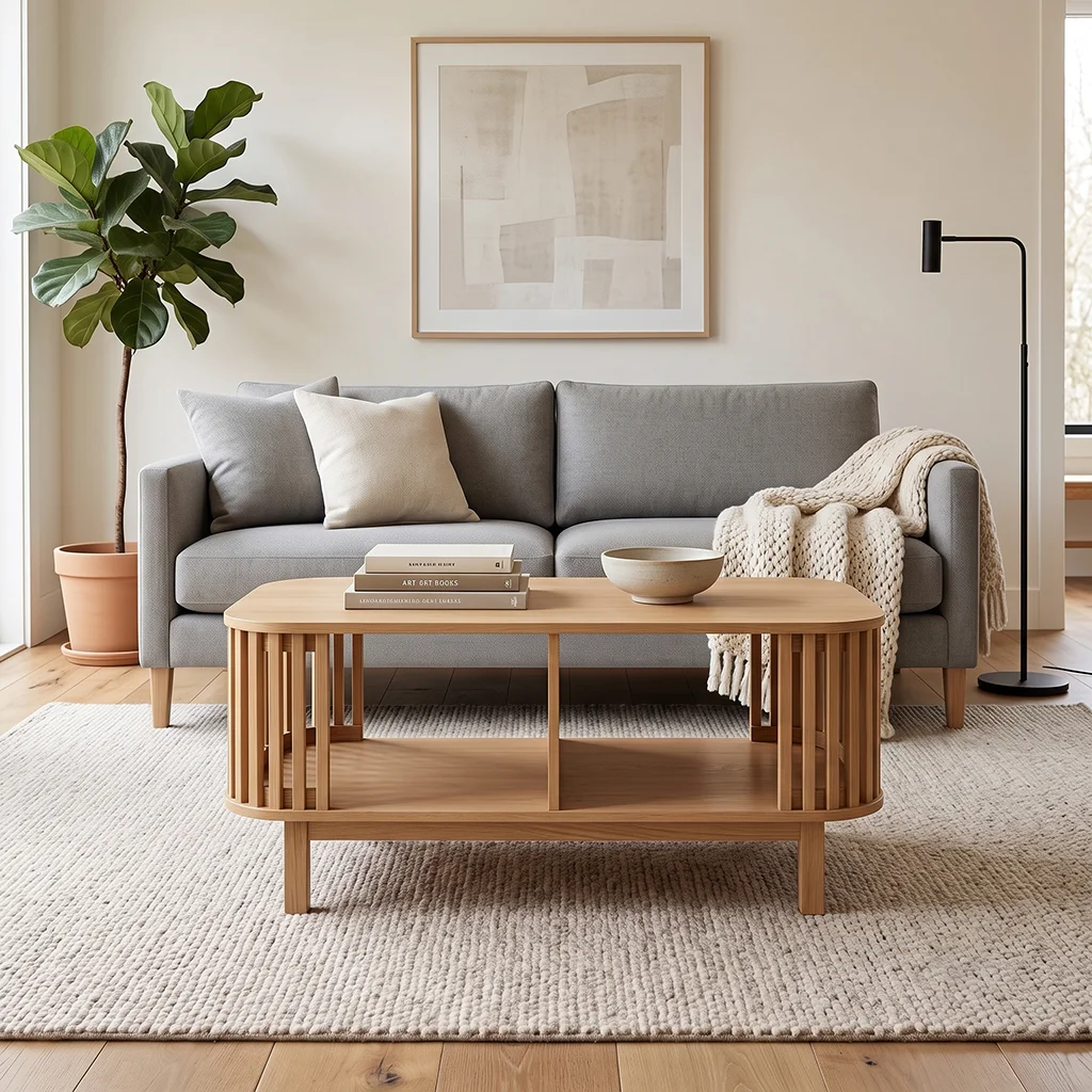 Contemporary Curved Slat Design Coffee Table in Natural Oak - View 1