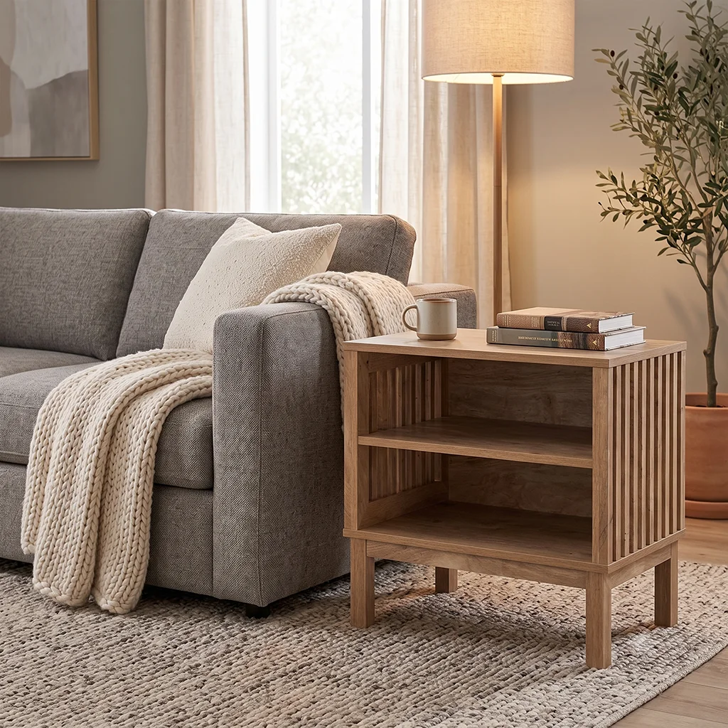 FF-KL60474-FT Modern Organic Side Table with Slat Detail and Open Storage in Natural Oak