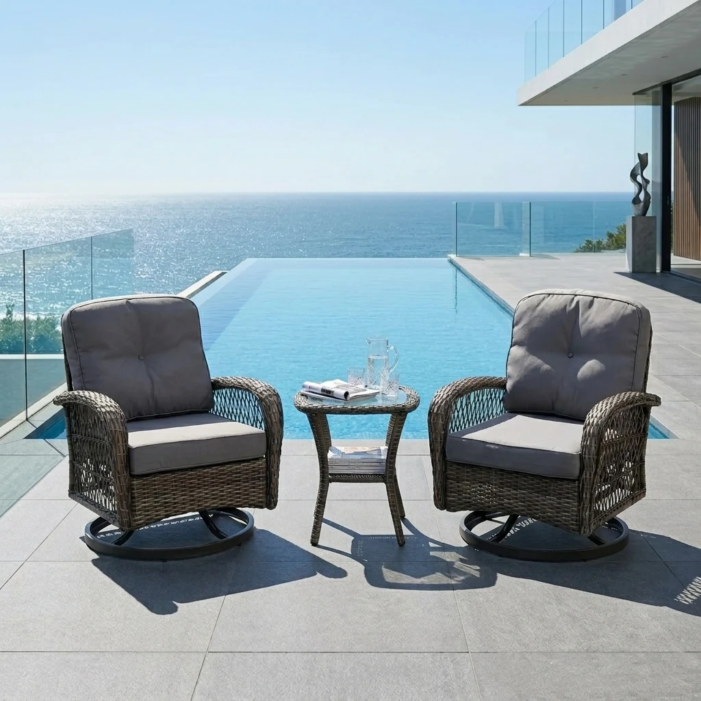 Outdoor 3-piece wicker swivel rocker chair set with grey cushions and side table
