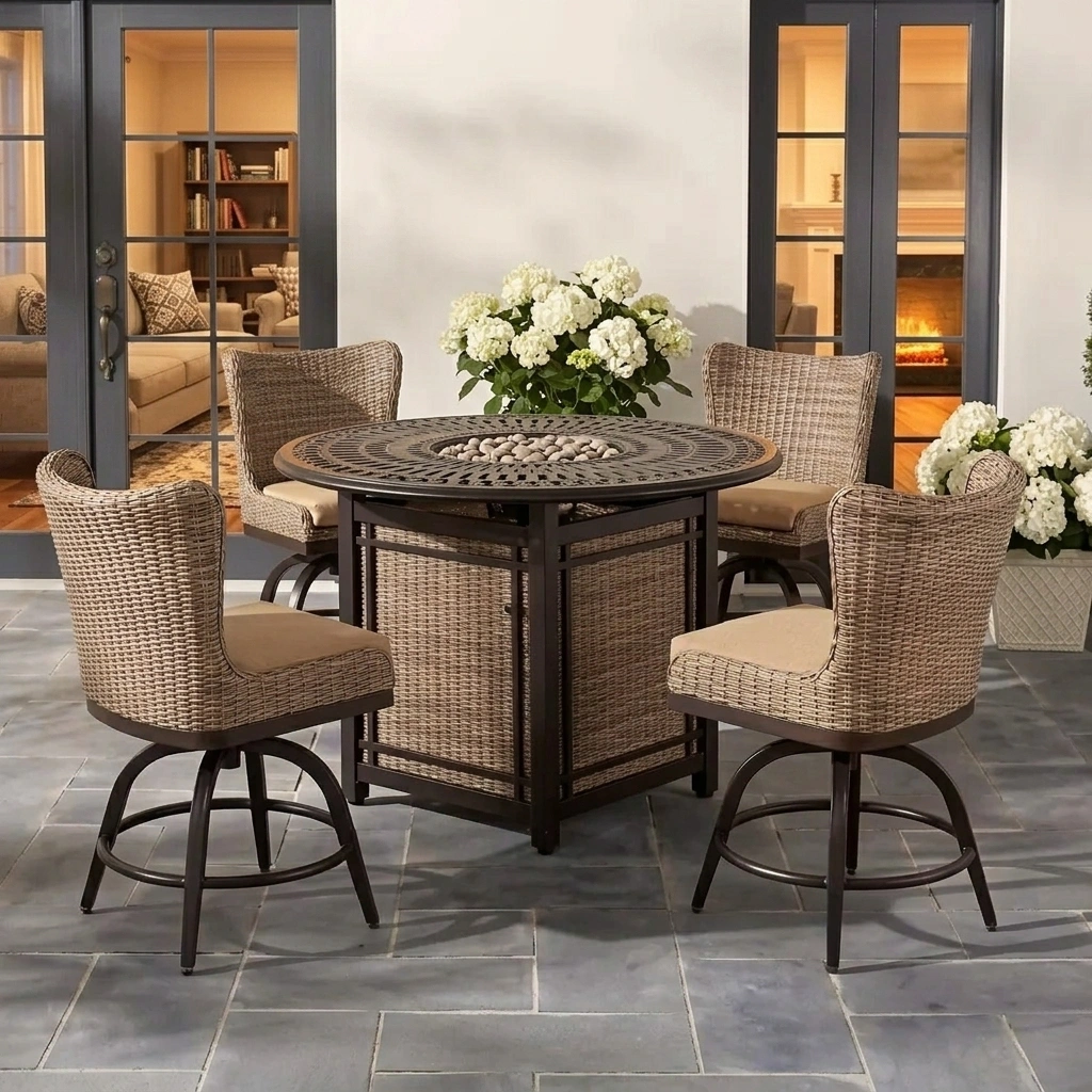 5-piece aluminum swivel fire pit dining set with round fire table and four wicker swivel chairs