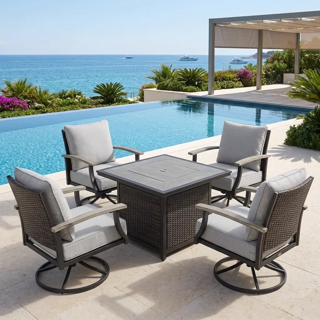 Steel swivel chair set with fire pit table