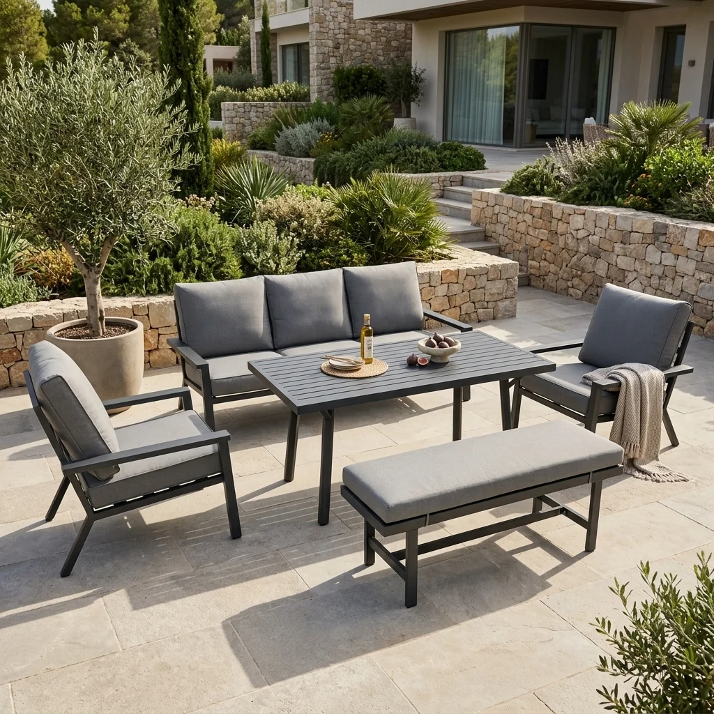 5-PCS Grey Aluminum Sofa Set with Dining Table