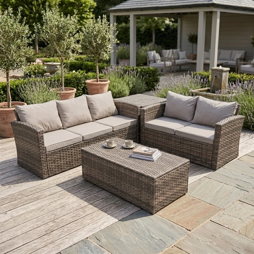 9-PCS Brown PE Rattan Corner Sofa Set with Coffee and Side Table