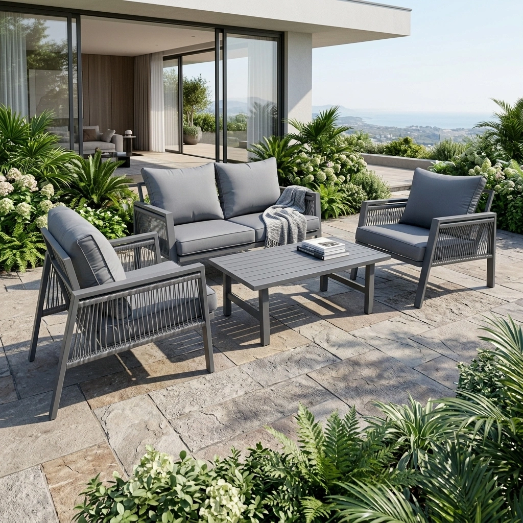 4-PCS Grey Aluminum and Rope Sofa Set