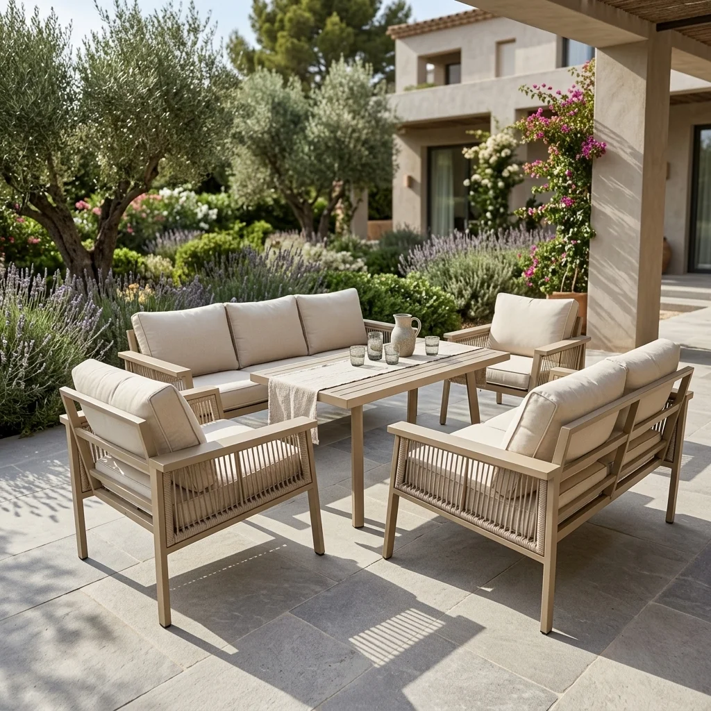5-PCS Beige Aluminum and Rope Sofa Set with Dining Table