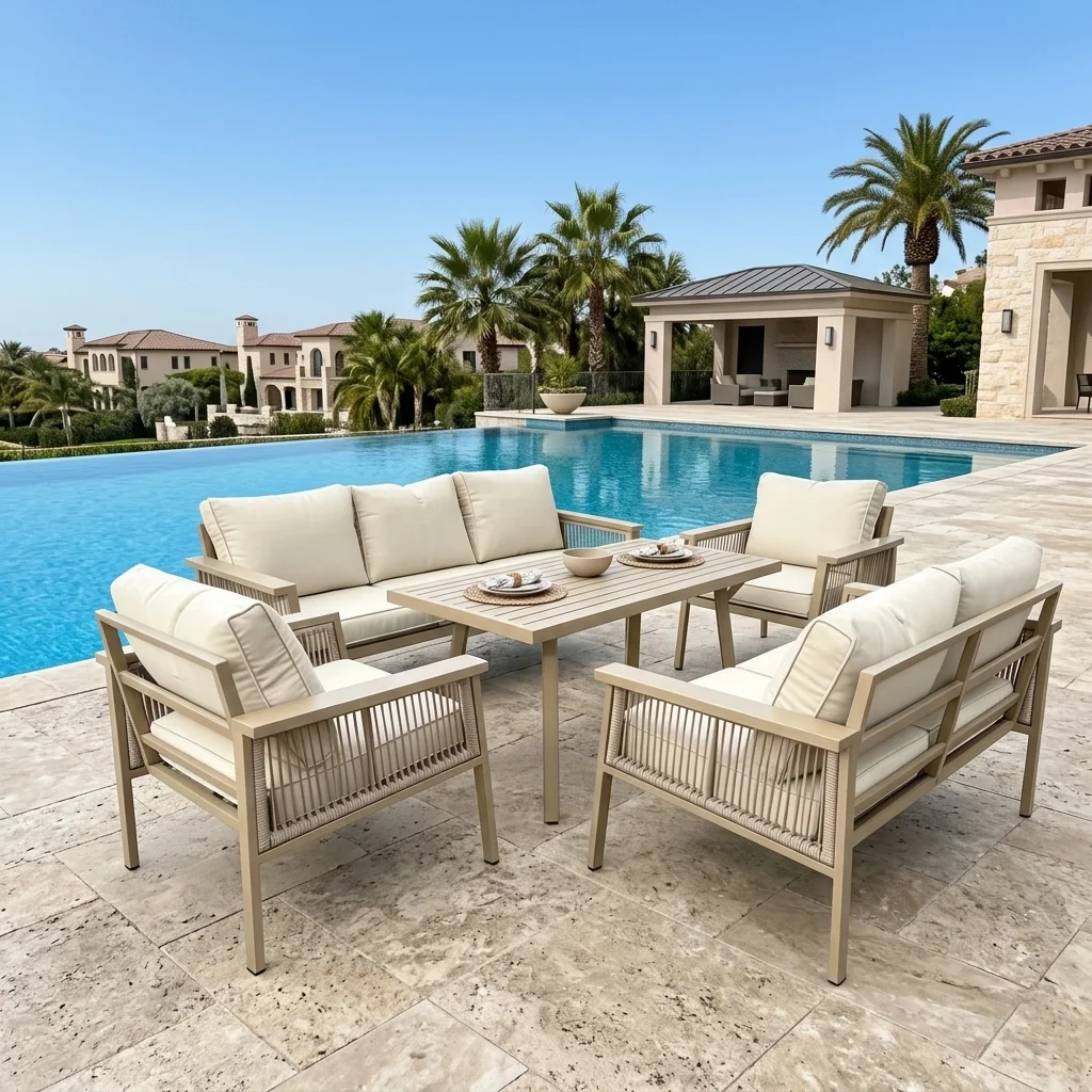 5-PCS Beige Aluminum and Rope Sofa Set