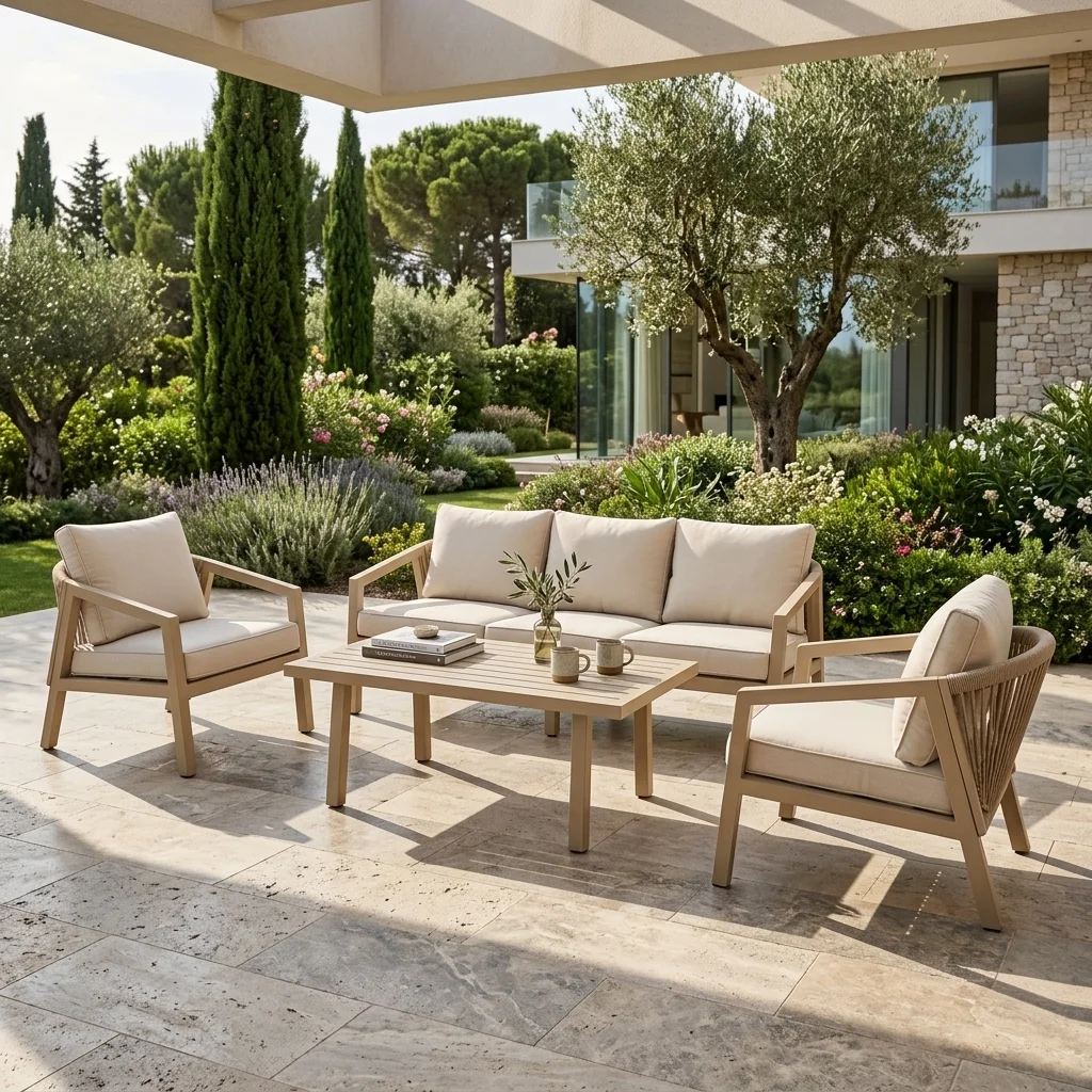 4-PCS Beige Aluminum Conversation Sofa Set with Coffee Table