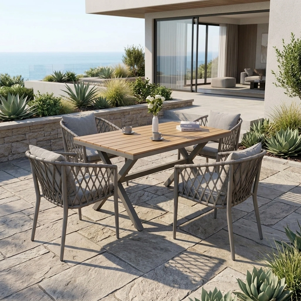 5-PCS Grey Aluminum and Polywood Dining Set Rectangle Table