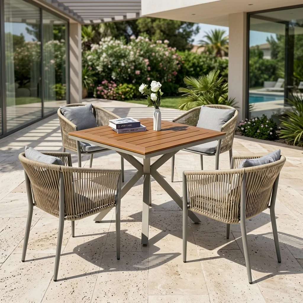 5-PCS Grey Aluminum and Polywood Dining Set Square Table