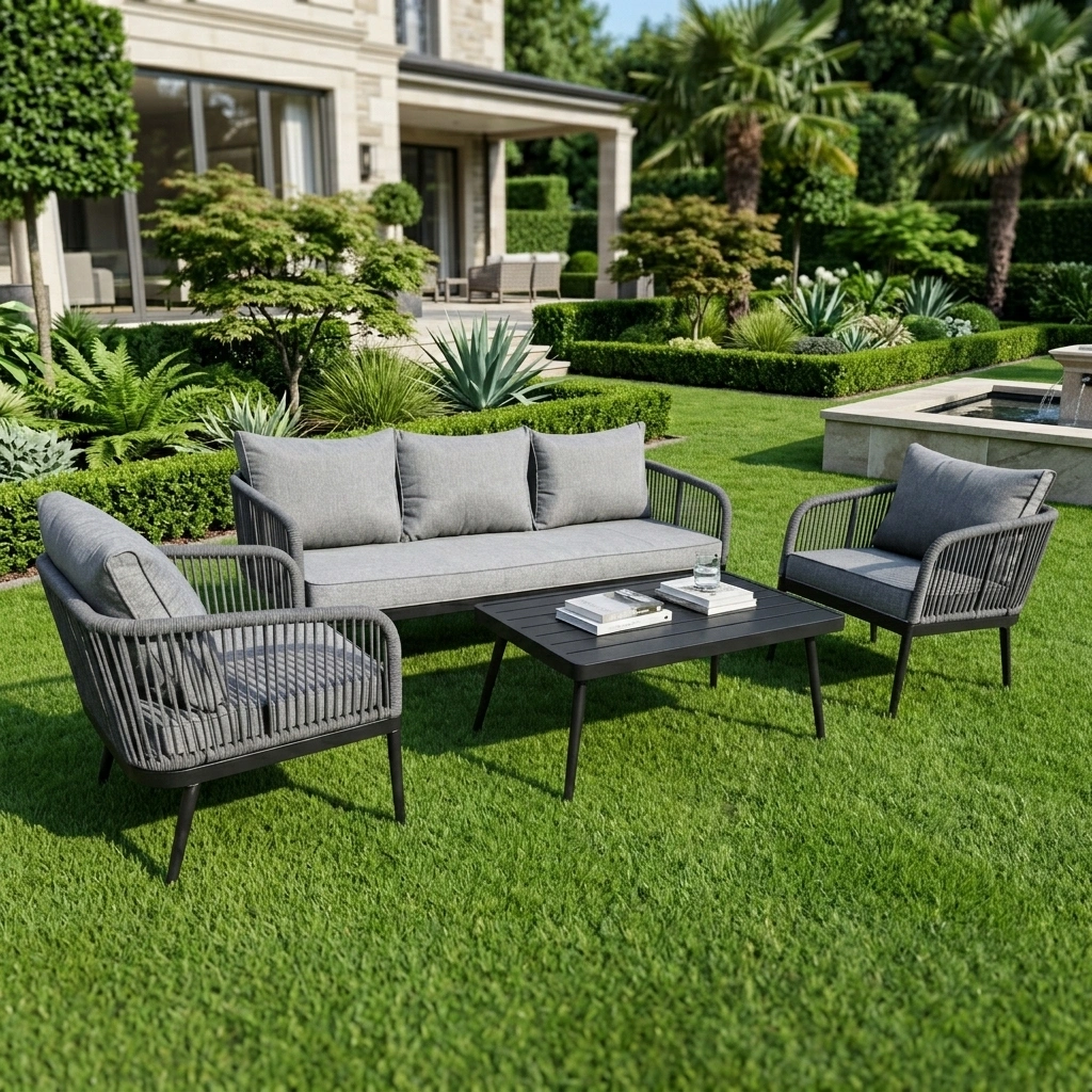 4-PCS Grey Steel Sofa Set with open weave PE Rattan