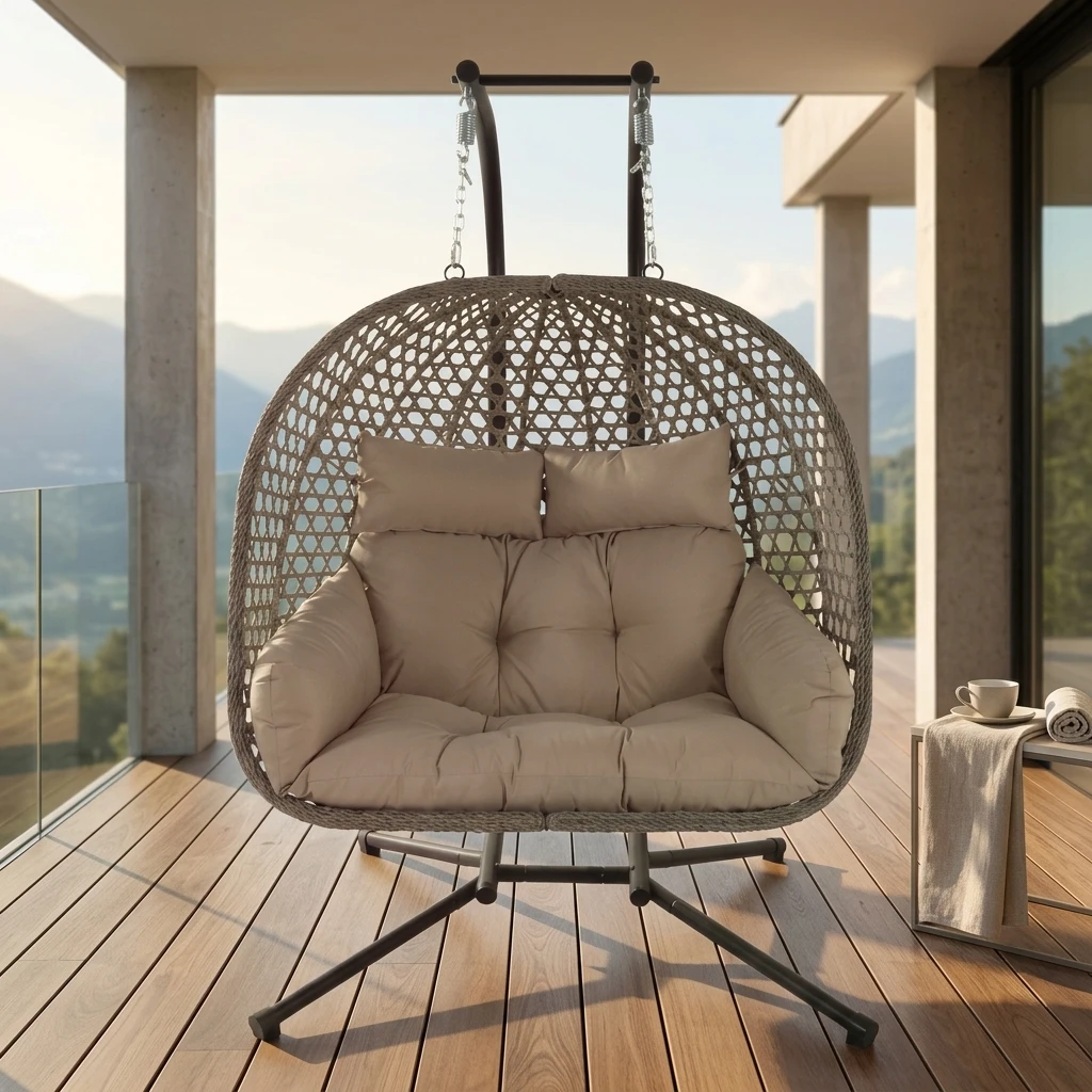 Modern patio deck environment view of egg swing chair