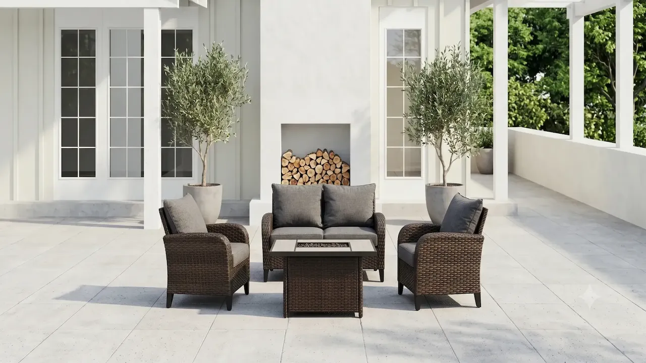 4-piece PE wicker rattan conversation set with fire table