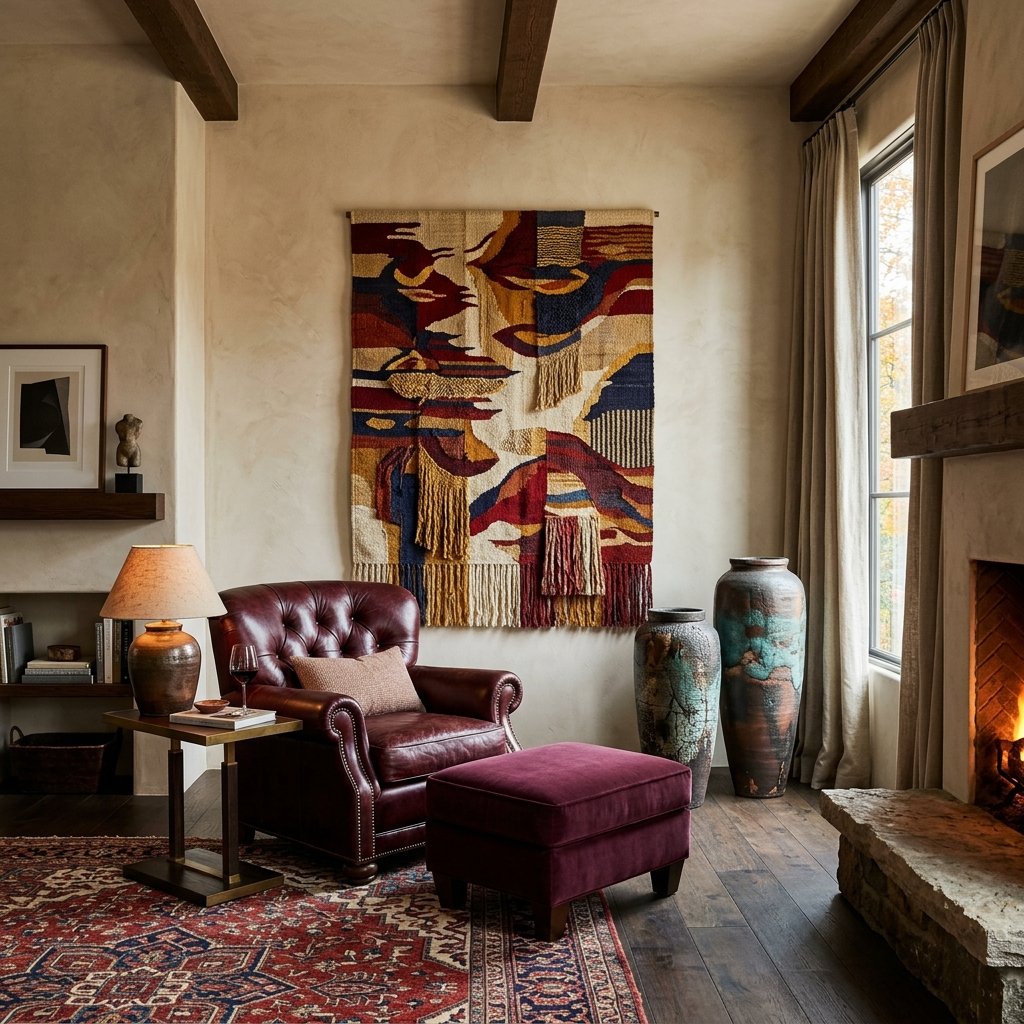 Saturated Burgundy Interior with Woven Heritage Folklore Tapestry