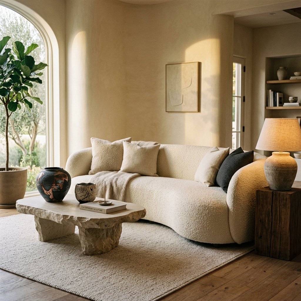 Curved Bouclé Sofa with Raku Ceramics and Stone